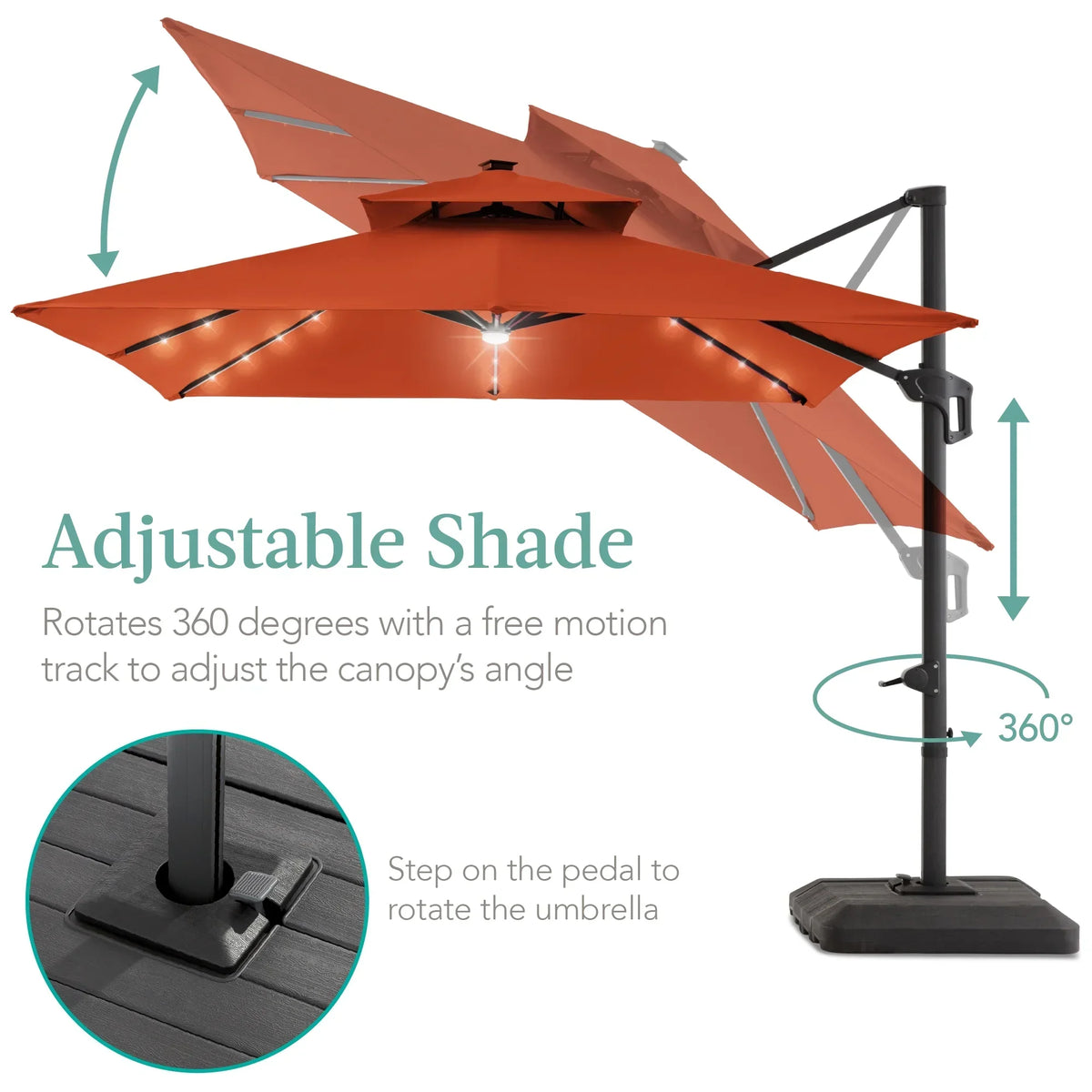 Nouveauté 2026 – Parasol de terrasse carré déporté à deux niveaux, 3 x 3 m, à éclairage solaire LED, avec base incluse (Best Choice Products, ) - Beige