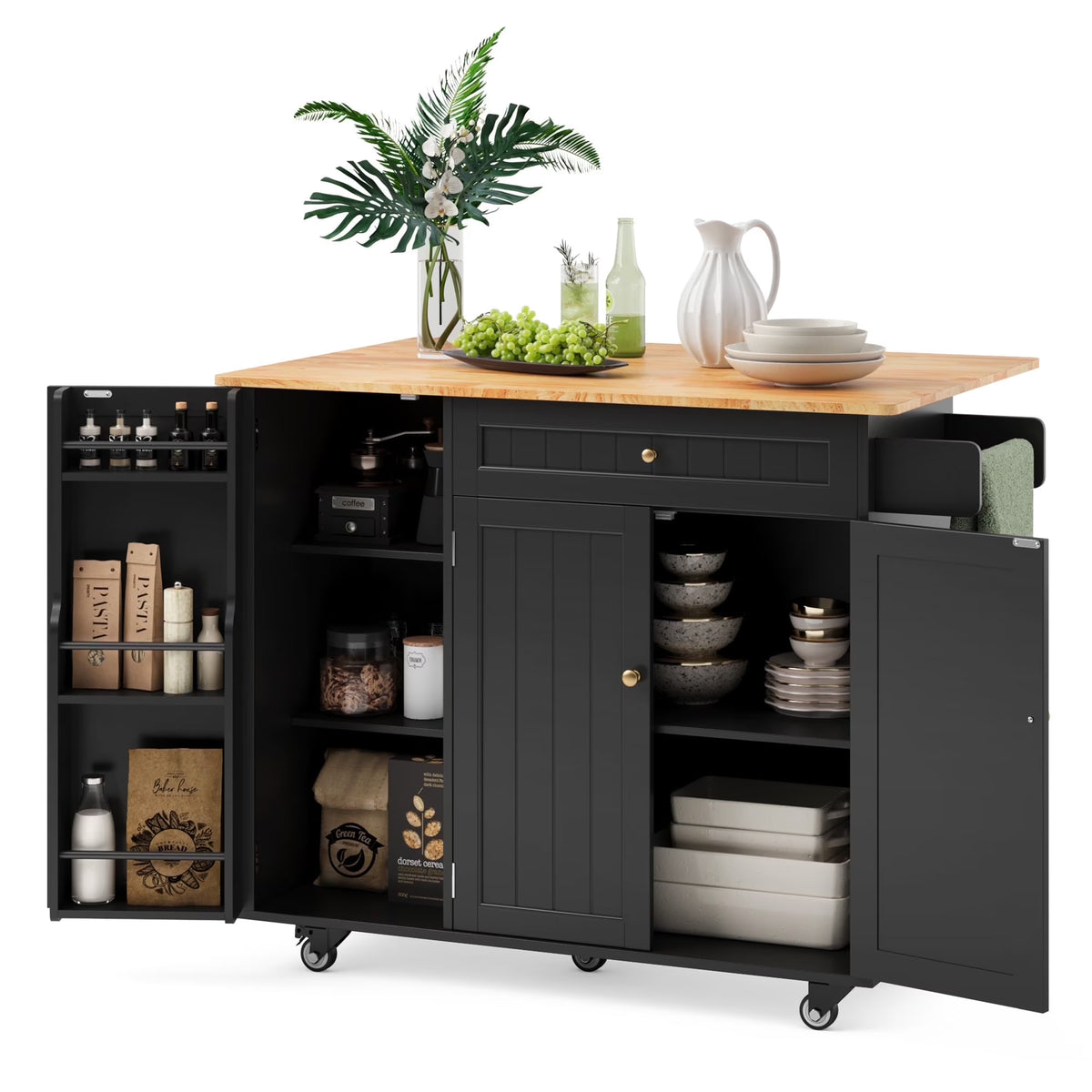 Nouveauté 2026 – Îlot de cuisine Noelse avec rangements, table d'appoint rabattable, porte-épices et porte-serviettes pour petites cuisines, blanc