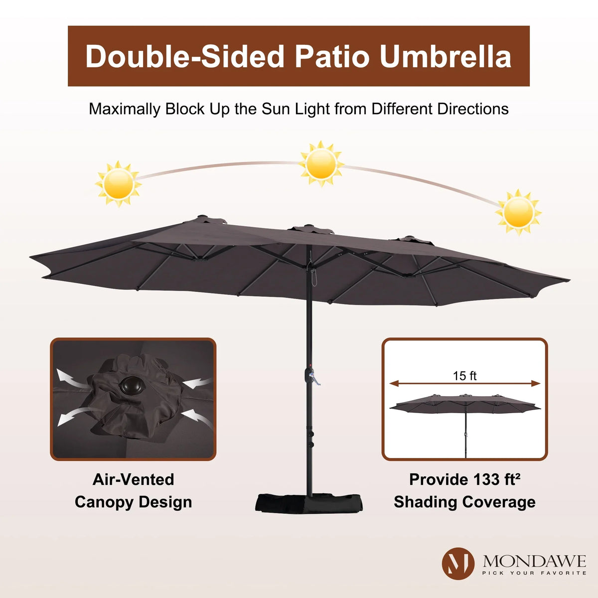 Nouveauté 2026 – Parasol rectangulaire Mondawe 4,57 m (15 pi) avec base et éclairage LED beige