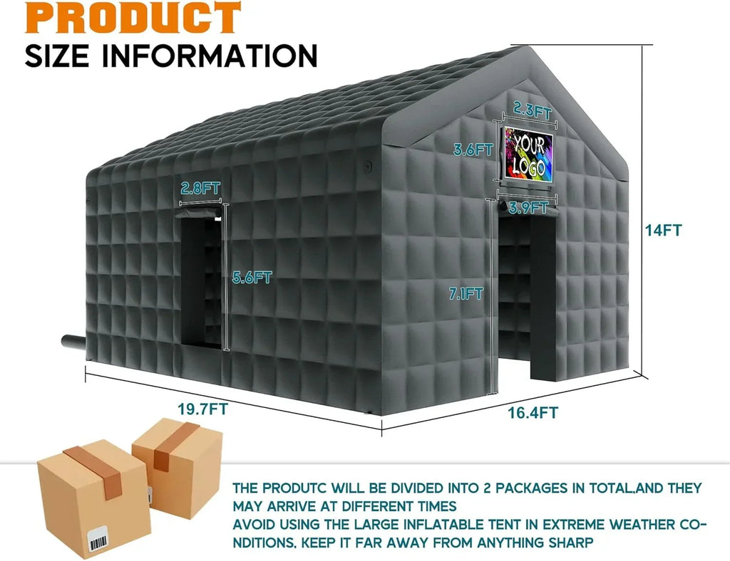 Nouveauté 2026 – Tente gonflable Jocisland , 6 x 4,9 x 4,3 m, grande tente noire pour discothèque avec 2 portes latérales, espace logo, gazebo événementiel