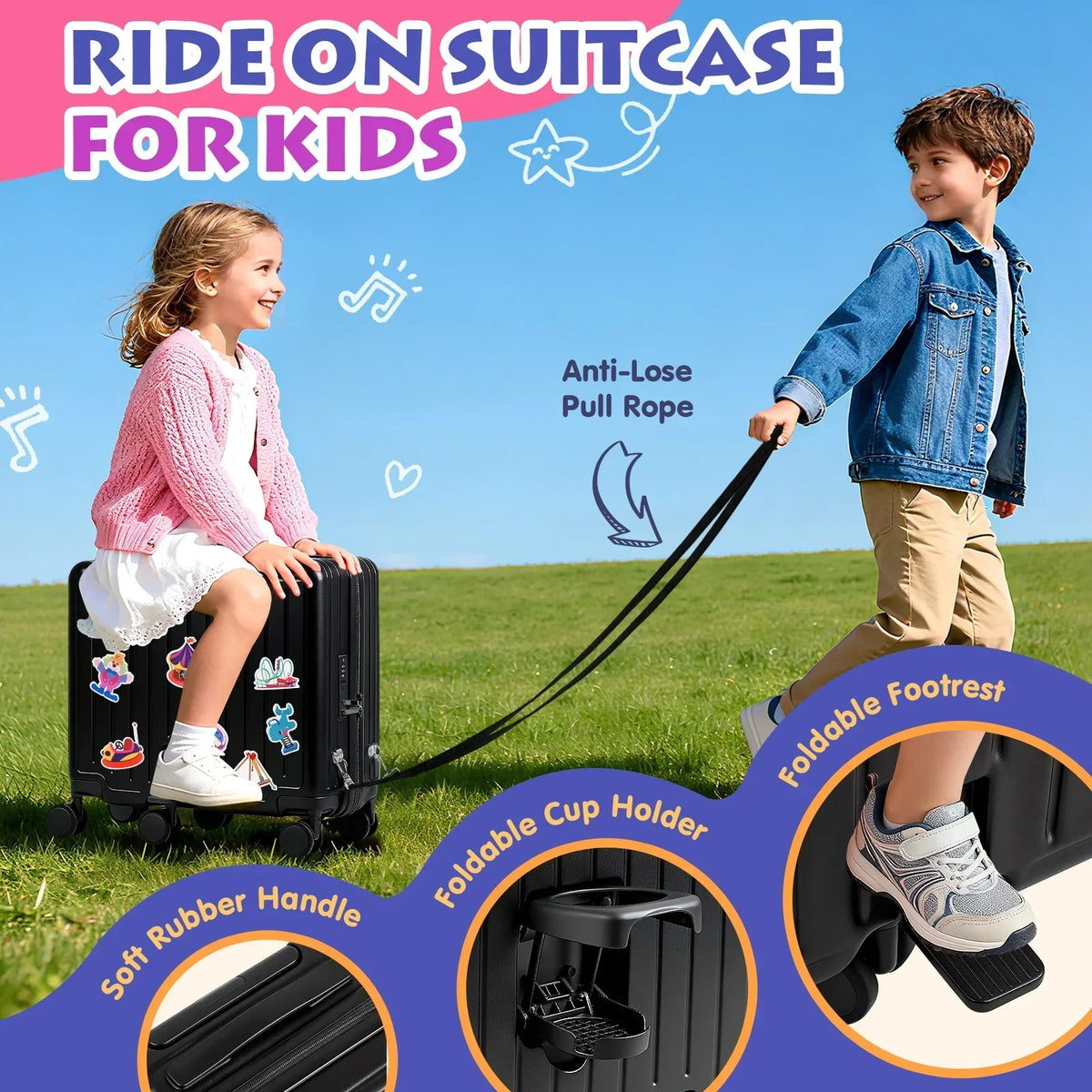 Nouveauté 2026 – Valise à roulettes Advwin pour enfants, avec sangle de traction, repose-pieds, porte-gobelet, 6 roues et poignée réglable, valise pivotante de 45,7 cm (18 pouces) avec autocollants et carte d'embarquement, rose