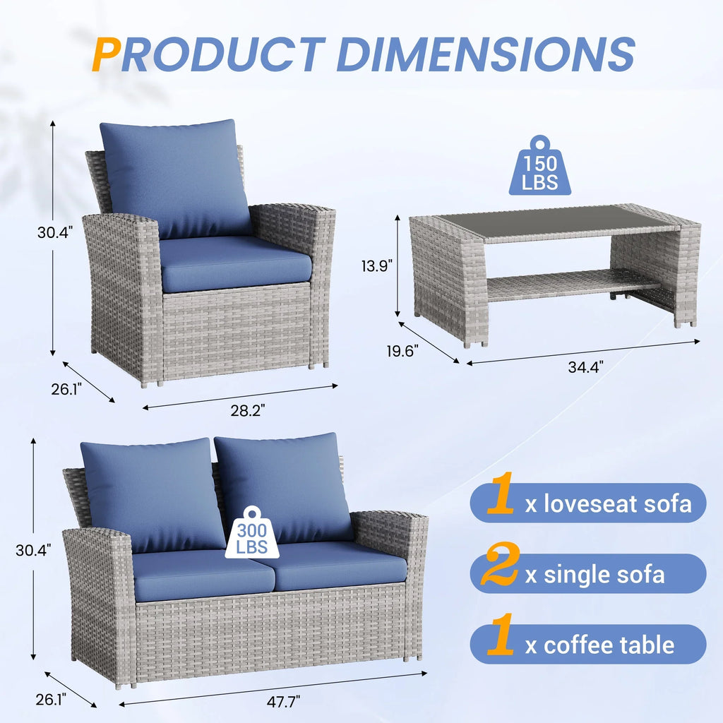 Nouveauté 2026 – Ensemble de mobilier de patio en résine tressée UDPATIO , ensemble de conversation d'extérieur 4 pièces, canapé de patio en rotin PE gris pour balcon, porche, jardin, gris