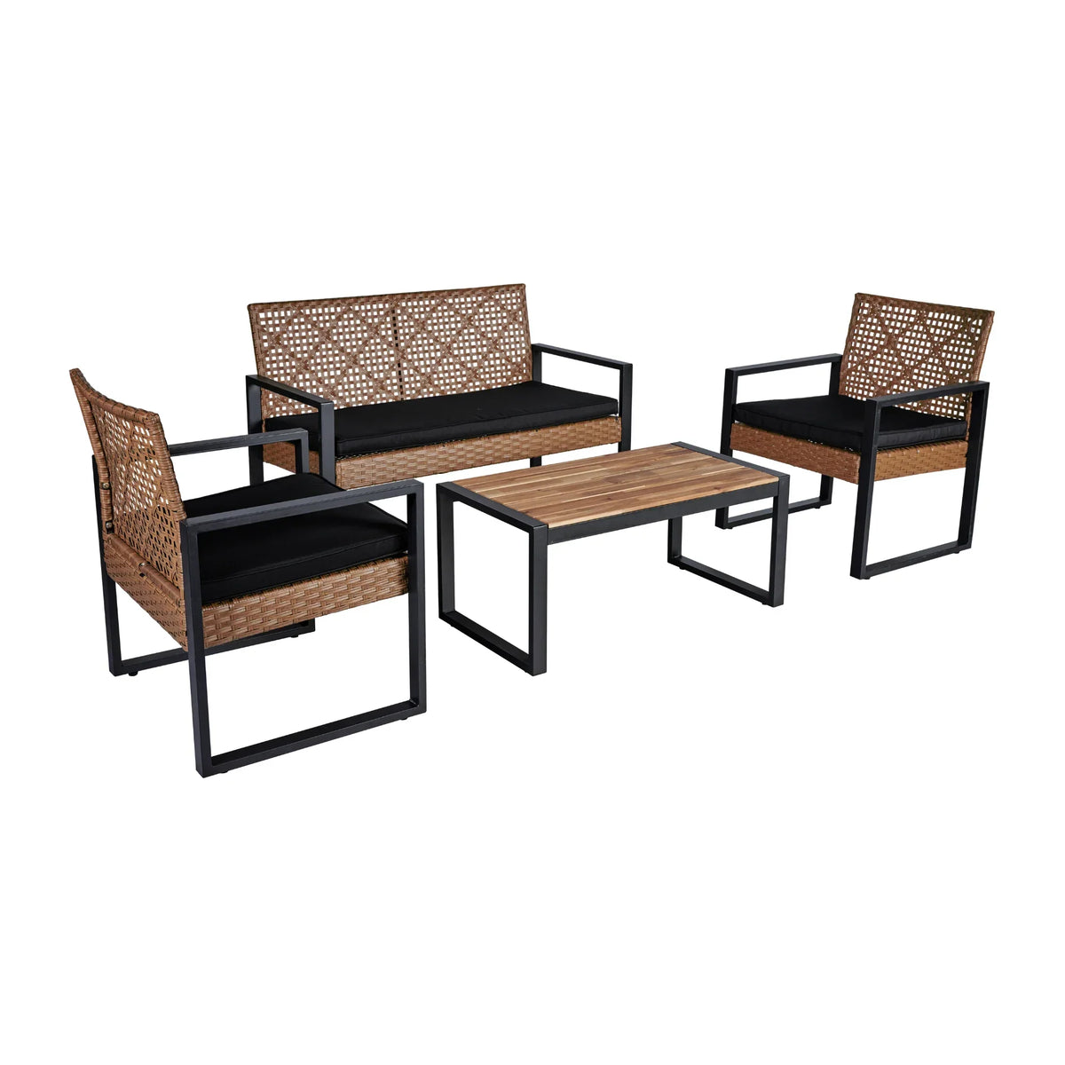 Nouveauté 2026 – Ensemble de mobilier de patio robuste , ensemble de conversation d'extérieur sectionnel 4 pièces, ensemble de canapé de patio en rotin PE marron avec coussins bleus