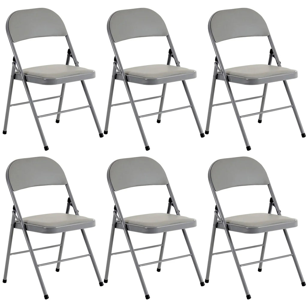 Nouveauté 2026 – Lot de 6 chaises pliantes grises avec assise rembourrée, portables et empilables, pour une utilisation intérieure et extérieure. Structure métallique robuste, idéale pour les événements, bureaux, mariages et fêtes. Capacité de charge