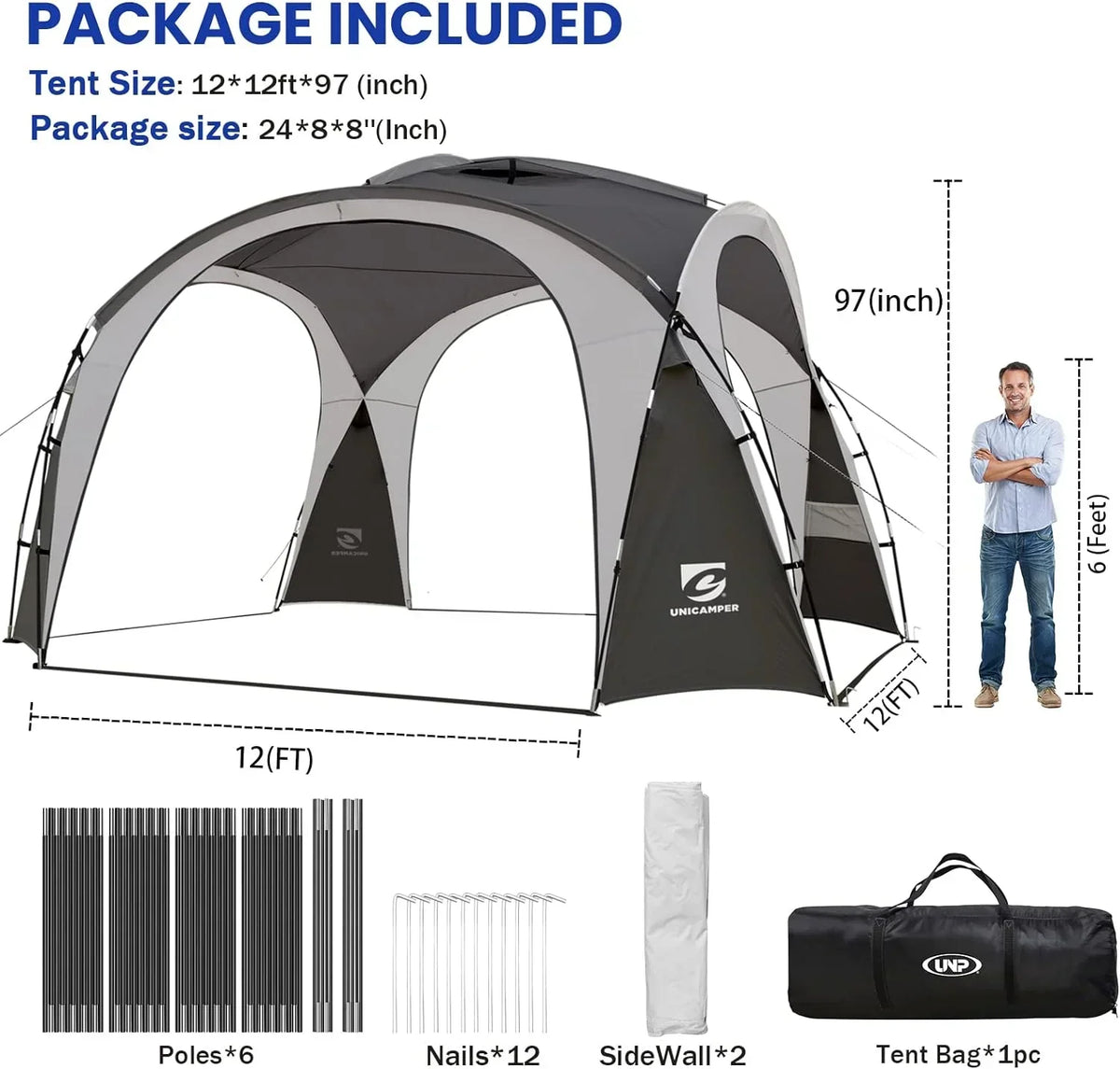 Nouveauté 2026 – Tente de plage UNP Easy Beach , 3,65 m x 3,65 m, pliable, protection UPF50+, avec parois latérales, piquets de sol et barres de stabilité. Abri solaire résistant à la pluie et à l'eau, idéal pour le camping, les jeux dans le jardin,