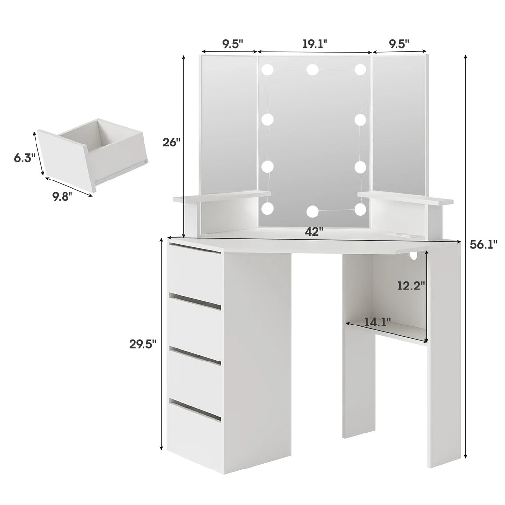 Nouveauté 2026 – Coiffeuse d'angle en placage bois blanc avec miroir et lumière, table de maquillage avec 4 tiroirs et station de recharge pour chambre à coucher