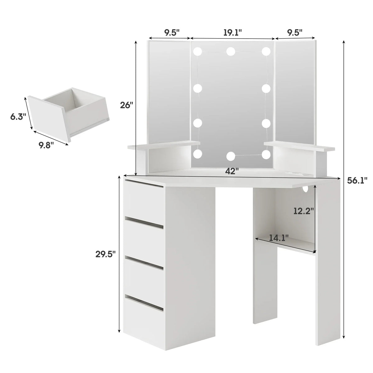 Nouveauté 2026 – Coiffeuse d'angle en placage bois blanc avec miroir et lumière, table de maquillage avec 4 tiroirs et station de recharge pour chambre à coucher