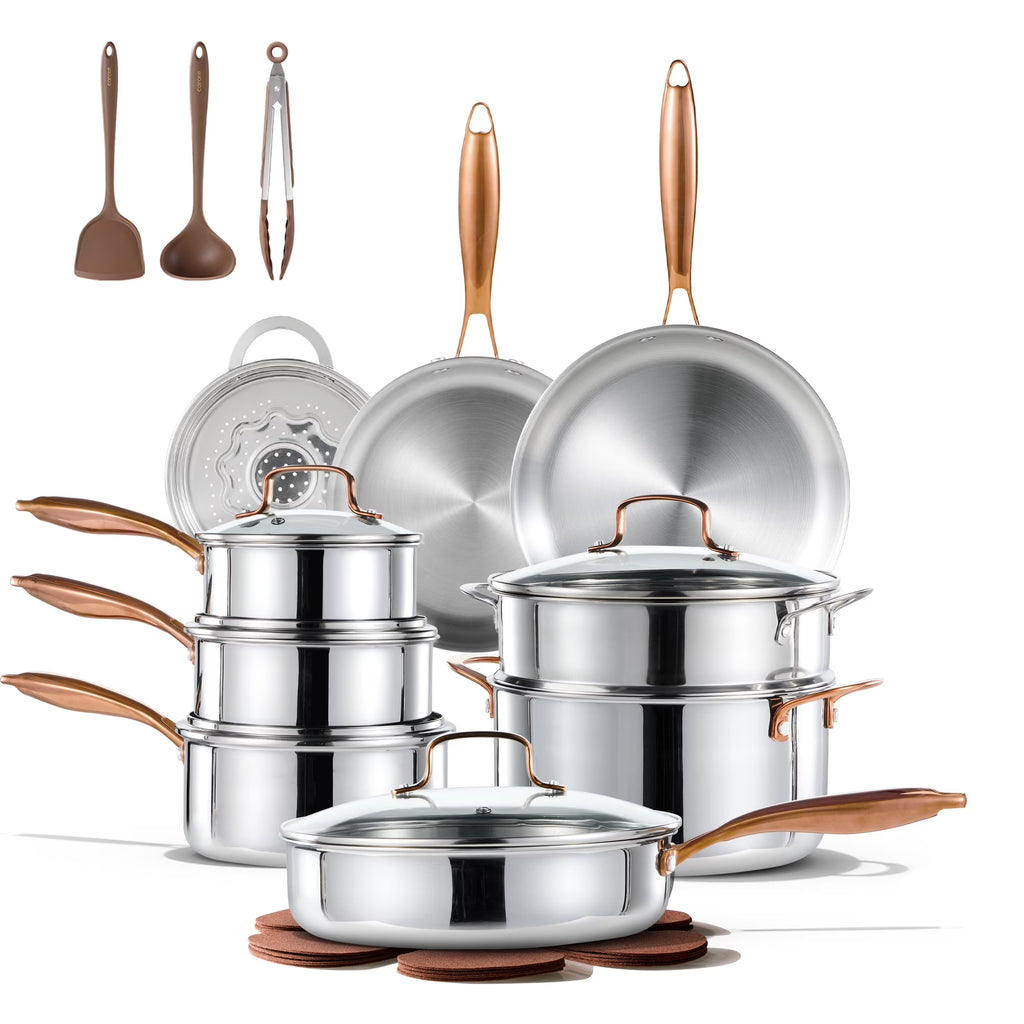 Nouveauté 2026 – Batterie de cuisine Carote 23 pièces en acier inoxydable triple couche avec couvercles, antiadhésive, compatible induction, allant au four