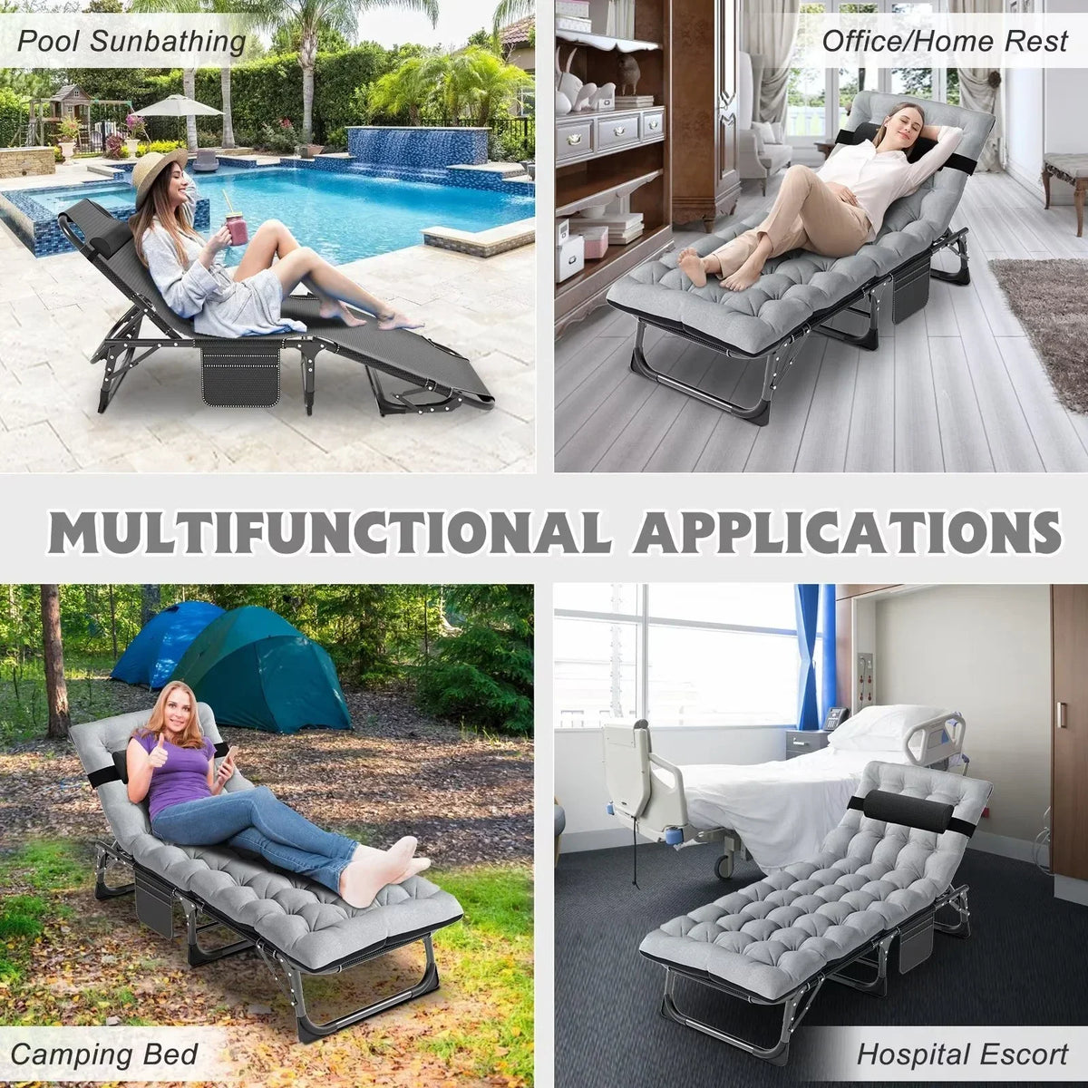 Nouveauté 2026 – Chaise longue MOPHOTO avec matelas, supportant jusqu'à 200 kg, lit de camp portable et robuste, réglable, idéal pour le camping, la piscine, la plage et la terrasse