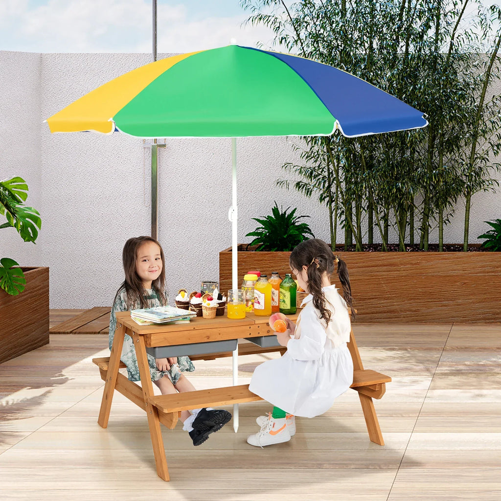 Nouveauté 2026 – Table de pique-nique 3 en 1 pour enfants Costway , en bois, avec bacs à sable et à eau, parasol et autres jeux, verte