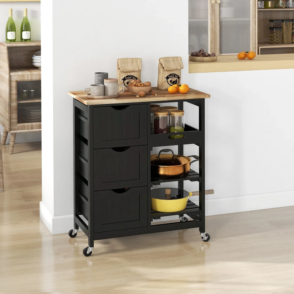 Nouveauté 2026 – Îlot de cuisine roulant HOMCOM , chariot de service de bar, chariot compact sur roulettes avec plateau en bois, étagères et tiroirs pour salle à manger, gris