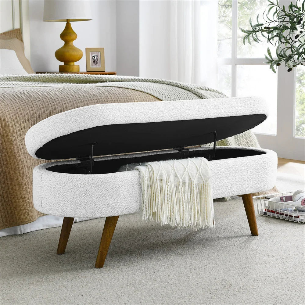 Nouveauté 2026 – Nouveau banc ottoman de rangement ovale de 110 cm (43,5 po) avec pieds en bois massif, revêtement en lin, charnière de sécurité, idéal pour l'entrée ou comme banc d'intérieur au pied du lit, à côté d'un canapé ou dans une entrée