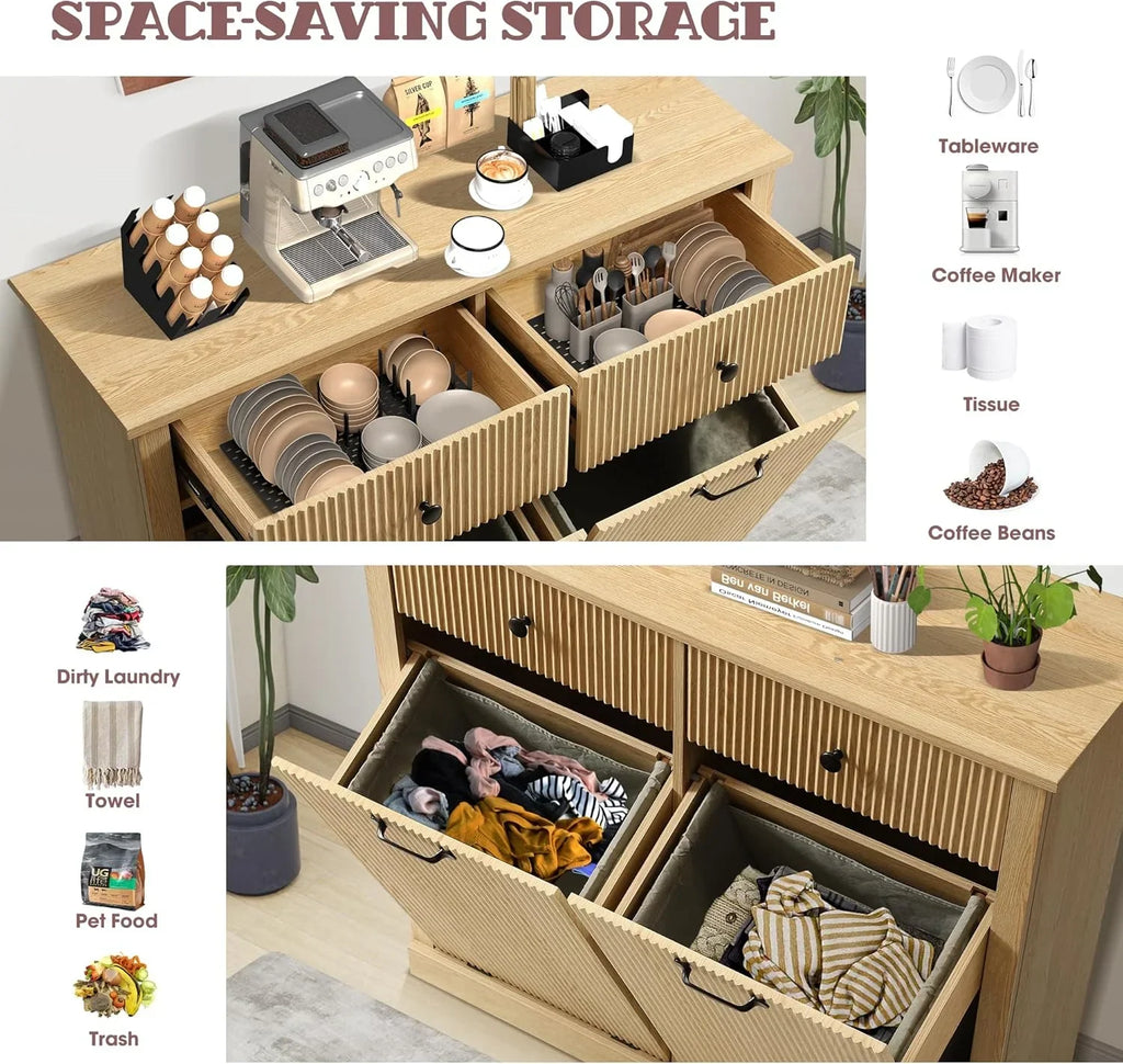 Nouveauté 2026 – Armoire à linge double basculante Haverchair , meuble poubelle moderne cannelé avec tiroir, meuble poubelle dissimulé en bois pour cuisine et salle de bain