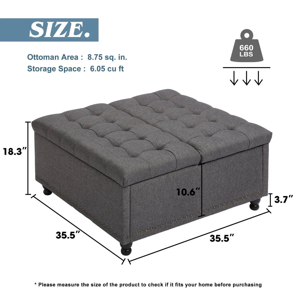 Nouveauté 2026 – Pouf de rangement carré Magic Union 35" , grand modèle, avec plateau relevable et revêtement capitonné, idéal pour le salon (beige