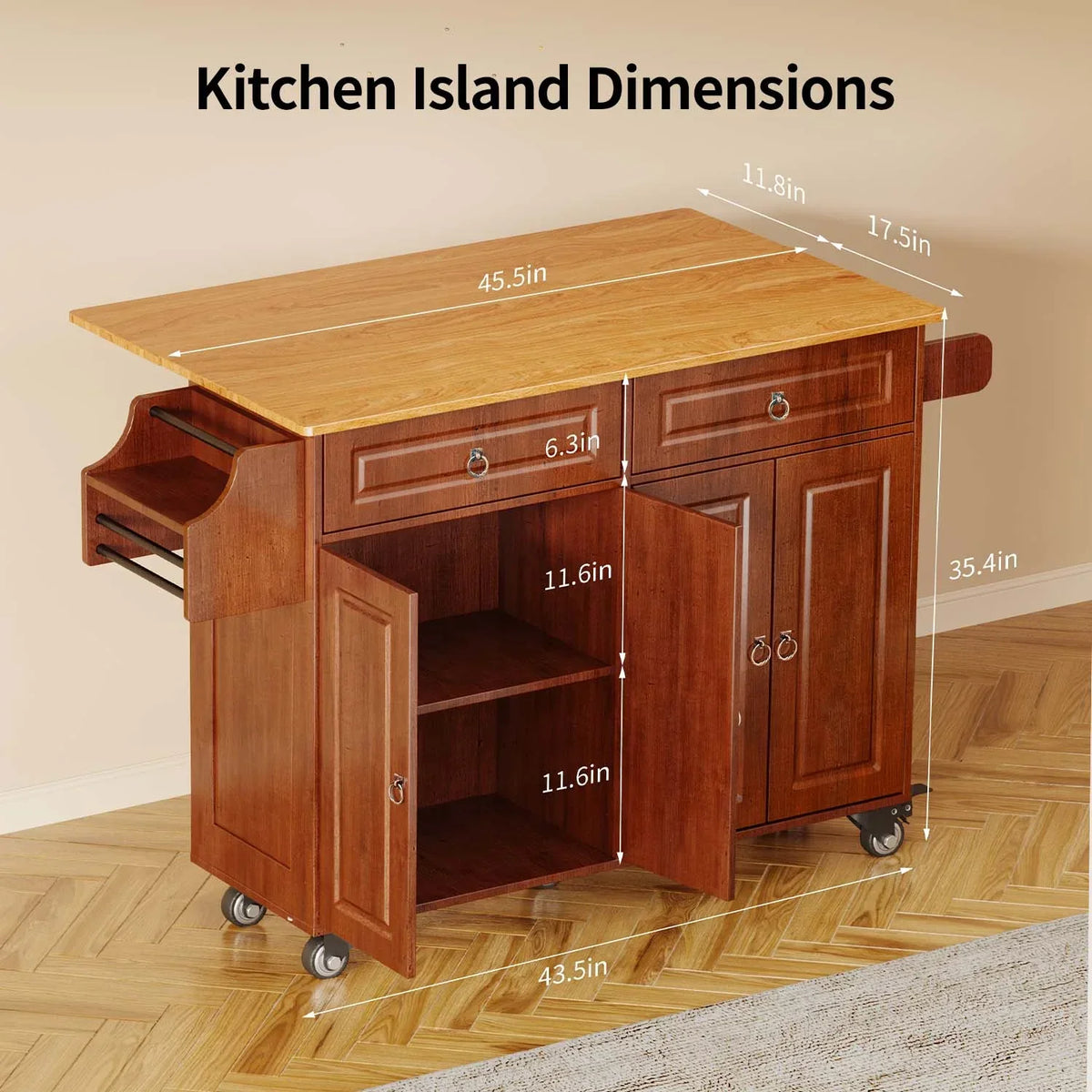 Nouveauté 2026 – Îlot de cuisine Lofka 52 pouces (132 cm) avec rangement sur roulettes et abattant en bois, idéal pour les petites cuisines
