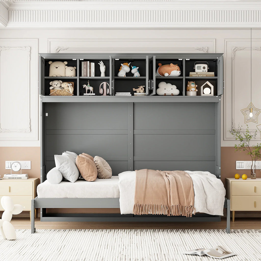 Nouveauté 2026 – Lit escamotable mural Queen Size avec rangements supérieurs, gris