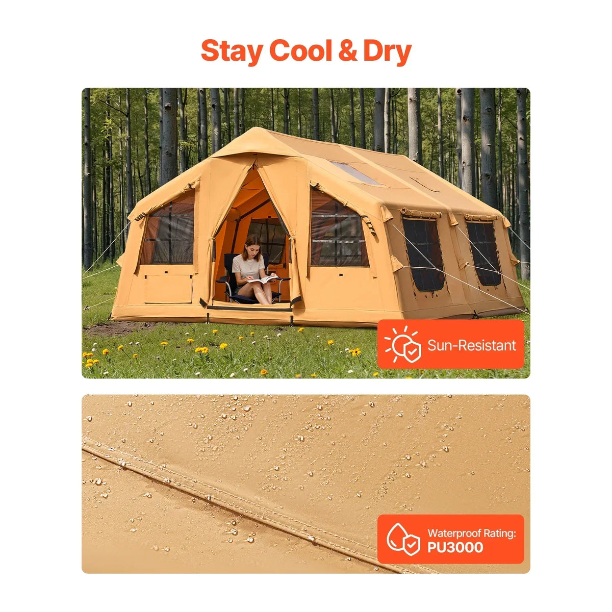 Nouveauté 2026 – Tente gonflable KFFKFF pour 8 à 12 personnes, 4,80 m x 3,60 m x 2,20 m, tente de glamping gonflable avec pompe manuelle, tente gonflable étanche, abri de camping toutes saisons avec double toit ouvrant et sortie pour poêle