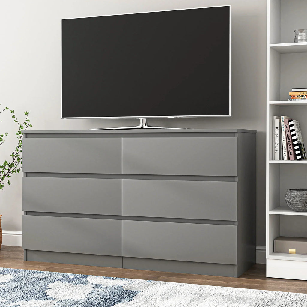 Nouveauté 2026 – Commode Resenkos moderne style milieu du siècle, 6 tiroirs, large, pour chambre à coucher, grise