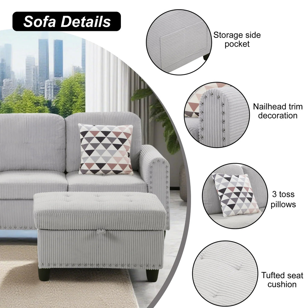 Nouveauté 2026 – Canapé d'angle modulaire AENKYO , 241 cm (95 po), en velours côtelé, avec pouf et porte-gobelets – Idéal pour les appartements et les salons – Gris clair