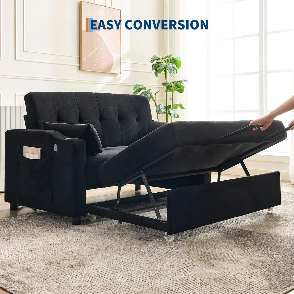 Nouveauté 2026 – Canapé-lit convertible 3 en 1, modèle , en velours côtelé avec lit gigogne, dossier réglable, port de chargement et poches latérales. Canapé moderne et capitonné pour salon ou chambre d'amis