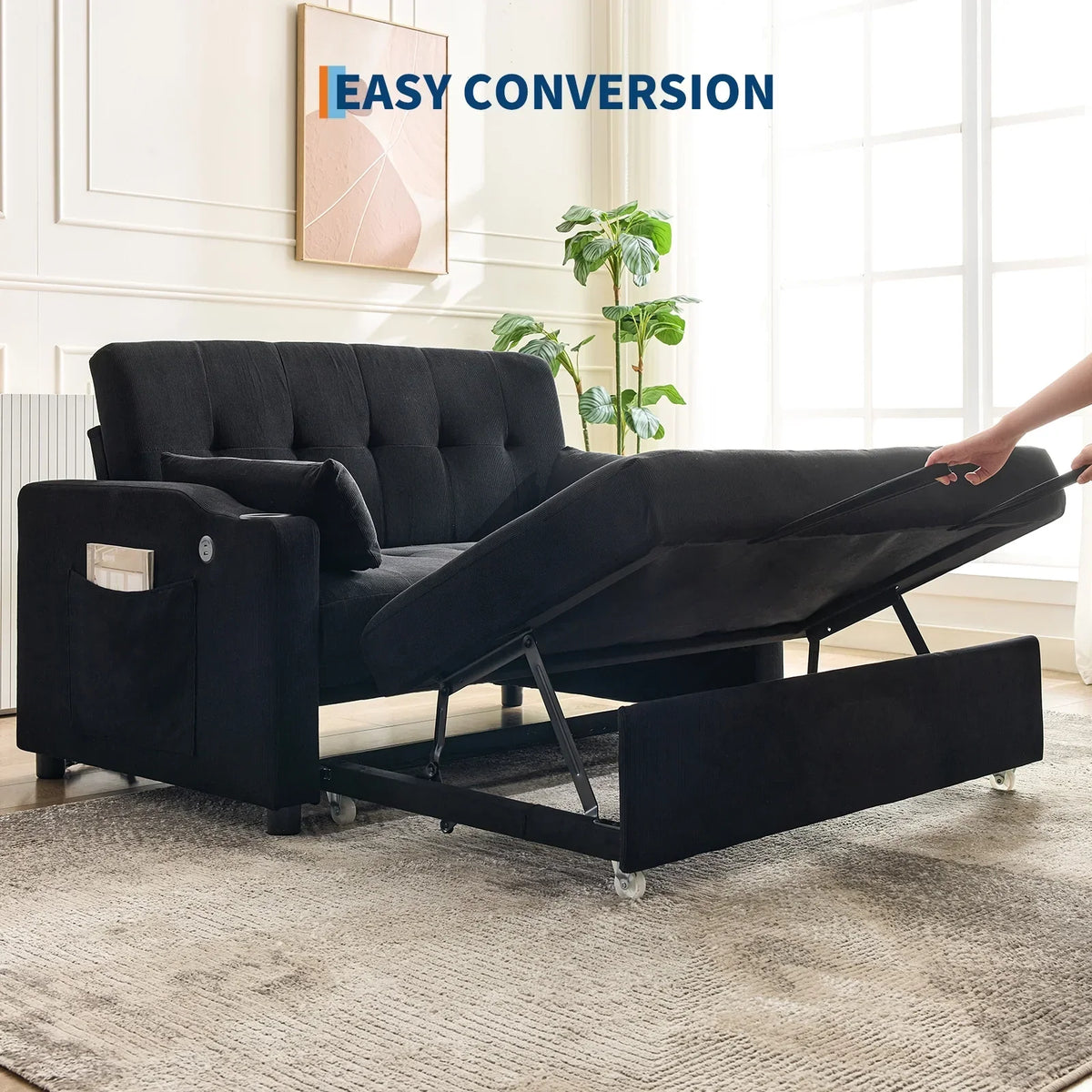Nouveauté 2026 – Canapé-lit convertible 3 en 1, modèle , en velours côtelé avec lit gigogne, dossier réglable, port de chargement et poches latérales. Canapé moderne et capitonné pour salon ou chambre d'amis