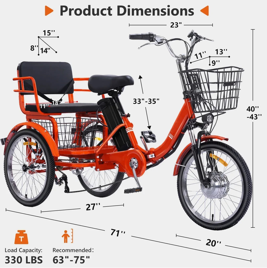 Nouveauté 2026 – Tricycle électrique NOMIGO pour adultes, pliable, à 3 roues, deux places, grand panier, moteur sans balais ultra-puissant de 350 W, batterie lithium 48 V 13 Ah, vitesse maximale de 32 km/h, orange