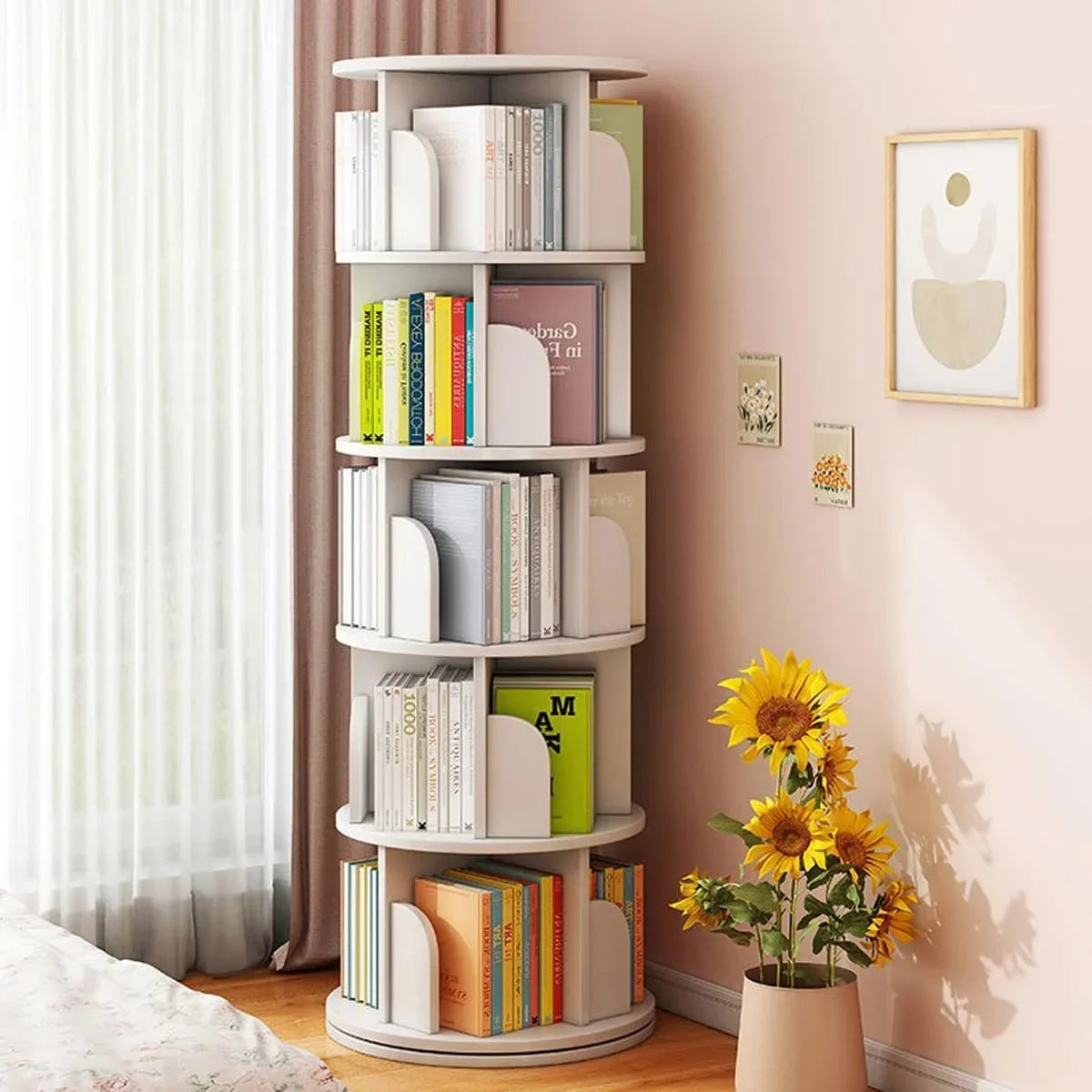 Nouveauté 2026 – Bibliothèque pivotante Bimiti 5 niveaux, rotation à 360°, 20 étagères, sur pied, blanche, 160 x 46 x 46 cm, pour adultes