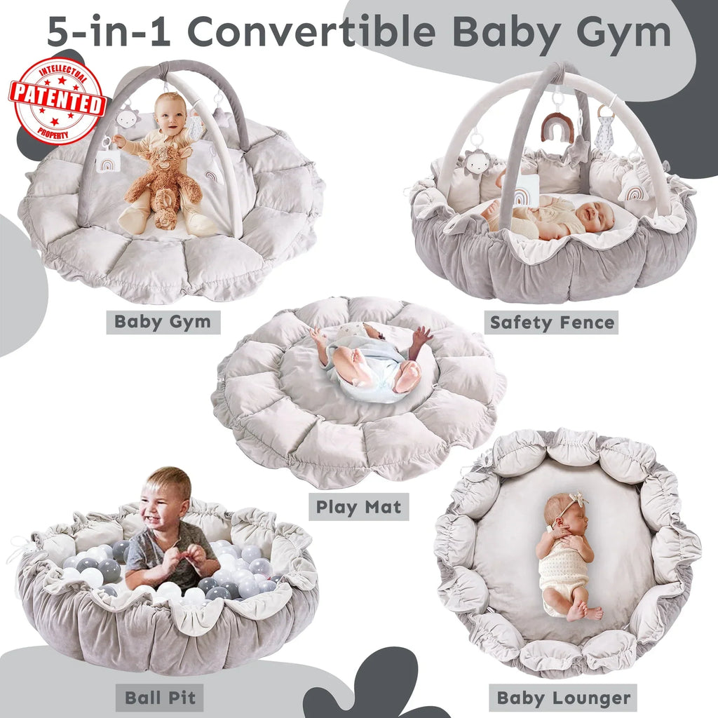 Nouveauté 2026 – Tapis d'éveil 5 en 1 épais et moelleux, convertible et évolutif, pour bébés et jeunes enfants. Piscine à balles et coussin pour animaux inclus. Balles non incluses