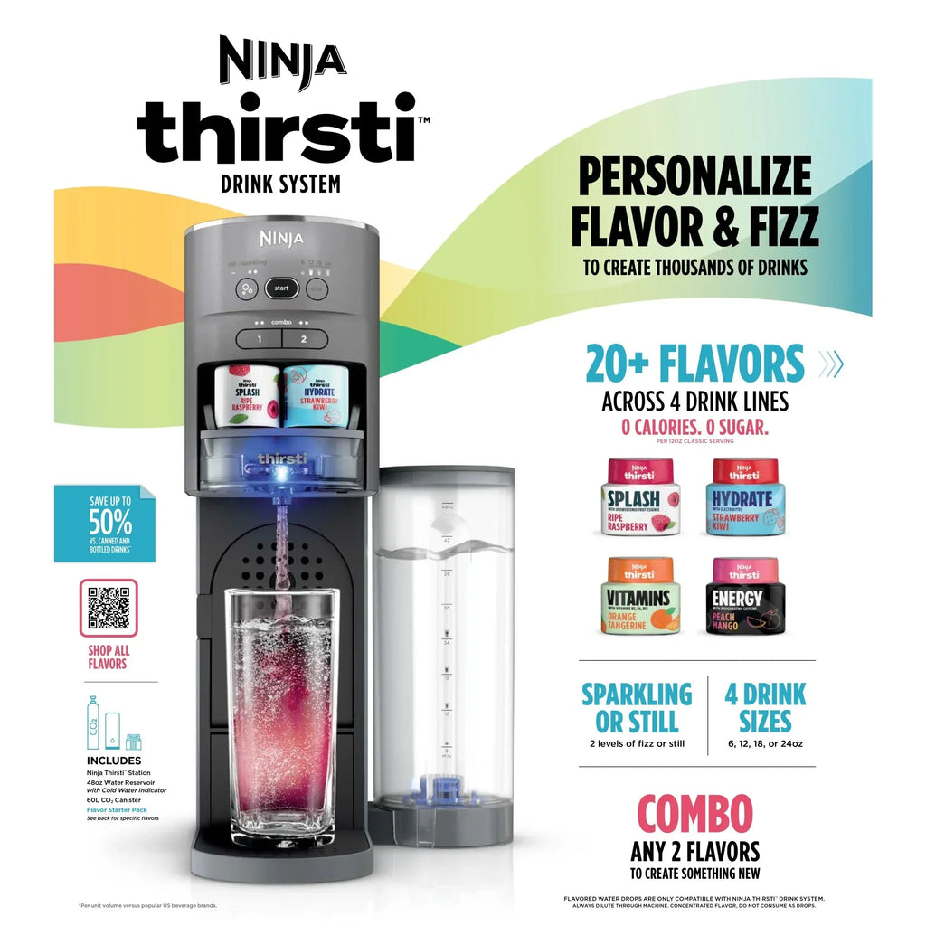 Nouveauté 2026 – Machine à boissons Ninja Thirsti , kit de boissons personnalisées plates et gazeuses, avec cartouche de CO2, arômes et réservoir de 1,4 litre