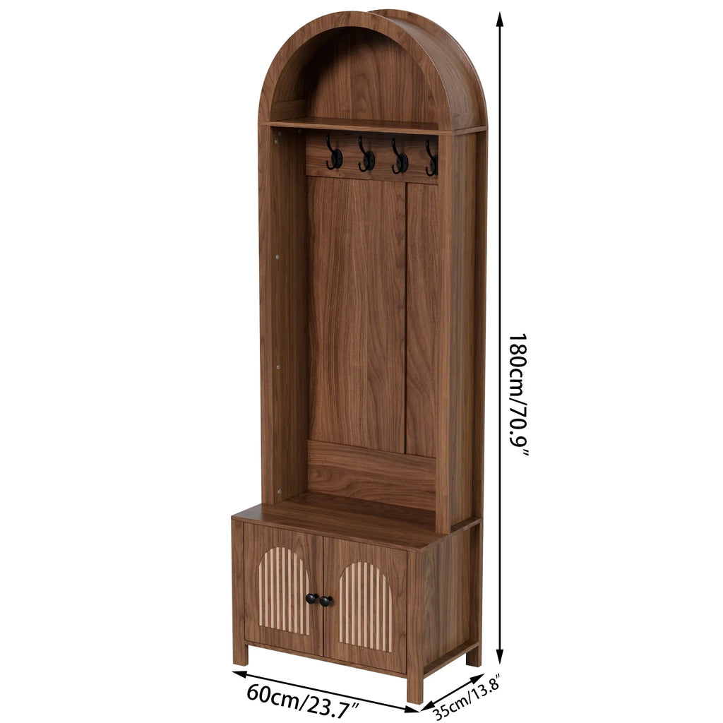 Nouveauté 2026 – Meuble d'entrée LUCKYELF avec rangement pour chaussures, banc d'entrée avec 4 crochets et 2 portes, armoire porte-manteaux en forme d'arche pour couloir
