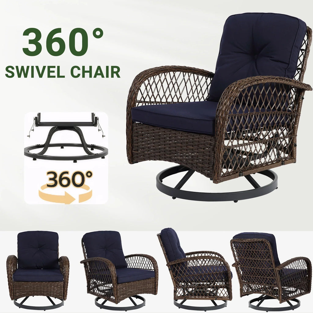 Nouveauté 2026 – Ensemble de 3 fauteuils à bascule pivotants pour patio, 2 fauteuils à bascule pivotants à 360 degrés et 1 table basse en verre, ensemble bistro d'extérieur en rotin PE avec coussins pour balcon, terrasse, piscine, jardin ou véranda