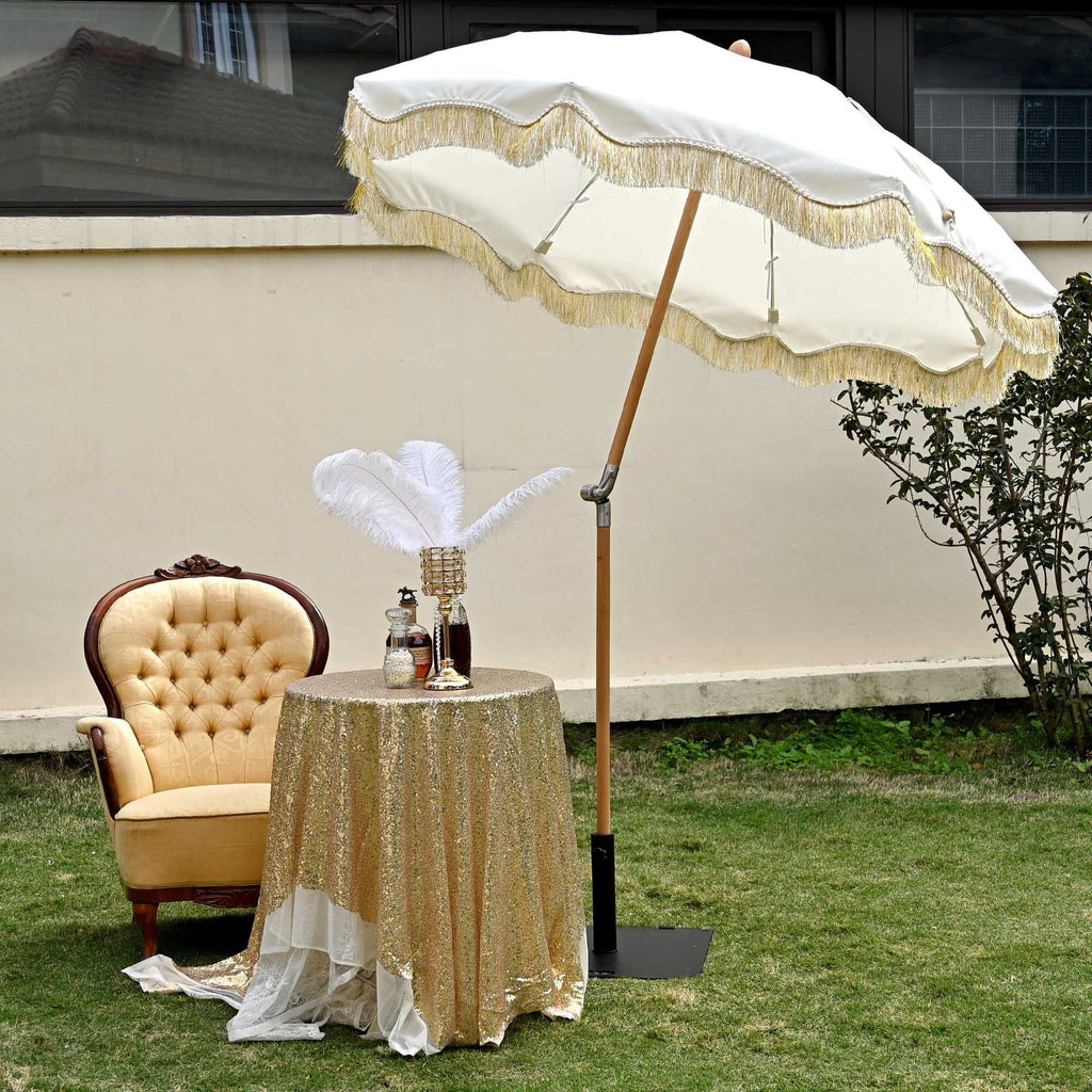 Nouveauté 2026 – Parasol de terrasse LAGarden de 1,8 m à franges et pompon, style Jazz Age, en bois, protection UPF50+, beige avec pompon doré, modèle : JZ6-01