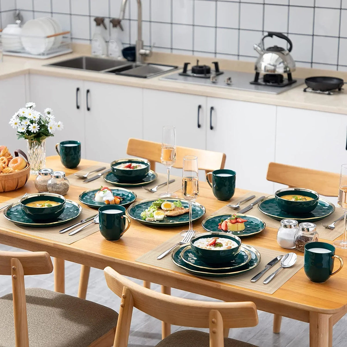 Nouveauté 2026 – Service de table LOVECASA , service en grès pour 8 personnes, 32 pièces, rond, vert foncé et or, collection Sweet