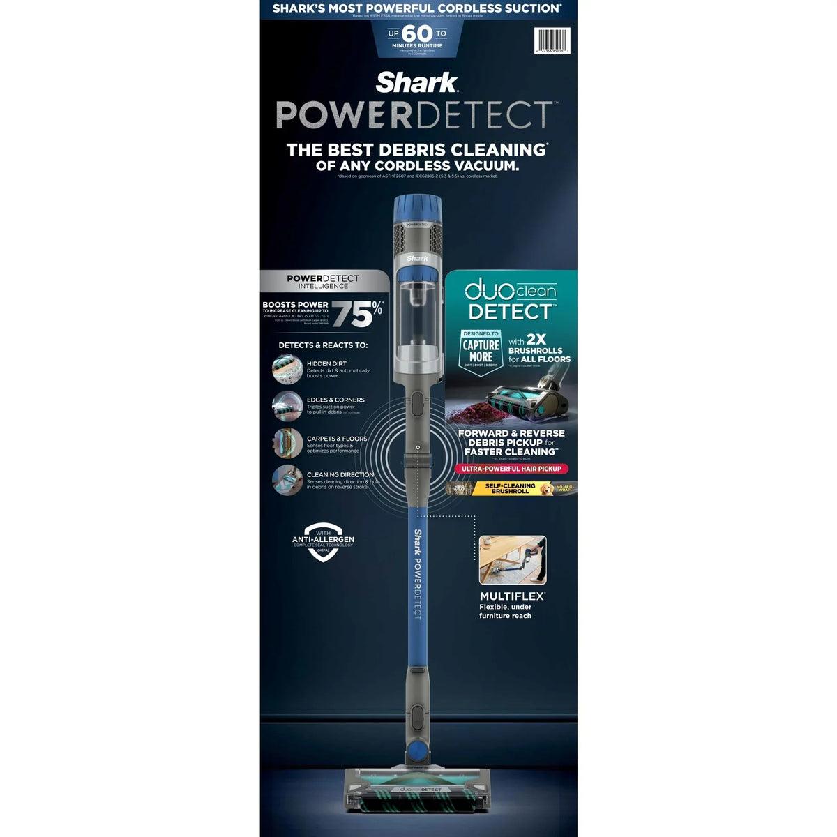 Nouveauté 2026 – Aspirateur balai sans fil Shark PowerDetect , multi-surfaces, avec brosse DuoClean Detect et tube MultiFLEX, jusqu'à 60 minutes d'autonomie, IP1250 bleu