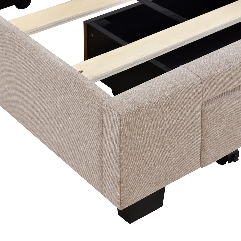 Nouveauté 2026 – Cadre de lit Queen Sesslife avec rangement, nouveau lit plateforme rembourré en lin amélioré avec 3 tiroirs, lit de rangement Queen avec tête de lit et lattes en bois, aucun sommier requis, supporte 227 kg, beige