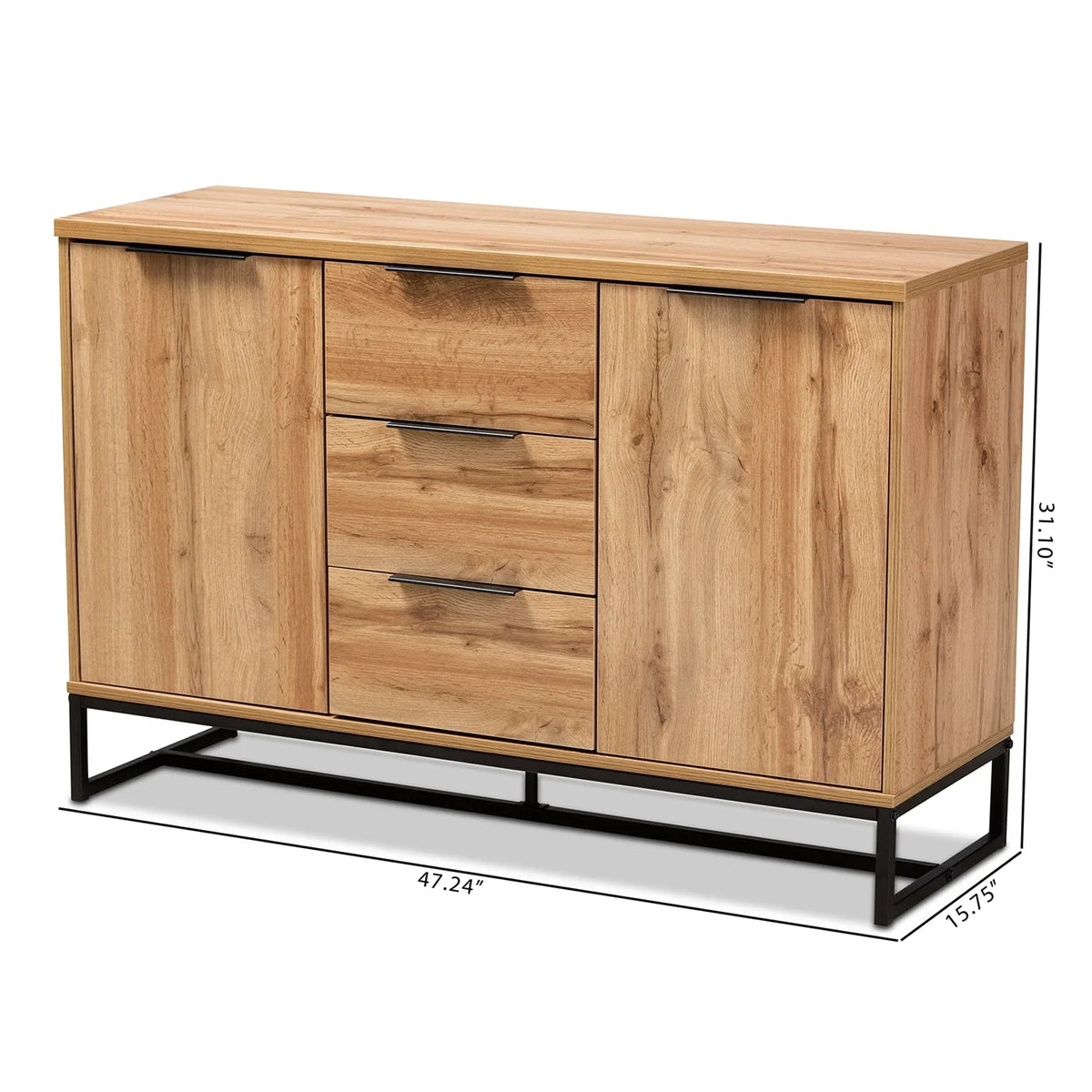 Nouveauté 2026 – Buffet 3 tiroirs Baxton Studio Reid, style industriel moderne et contemporain, finition chêne et métal noir