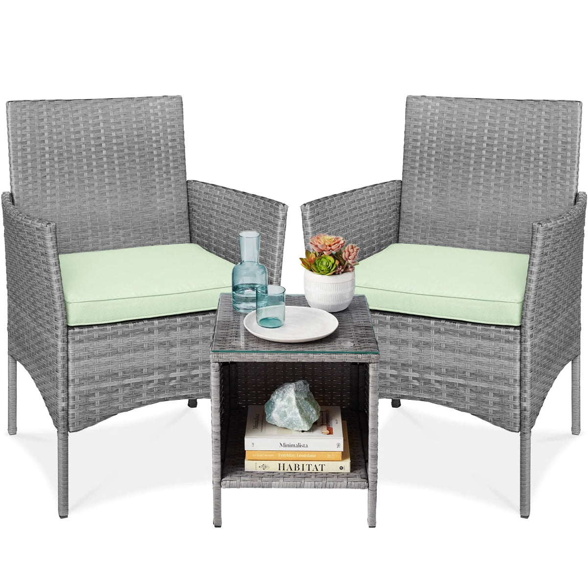Nouveauté 2026 – Ensemble bistro de jardin 3 pièces en résine tressée Best Choice Products , avec 2 chaises et une table - Gris/Bleu marine
