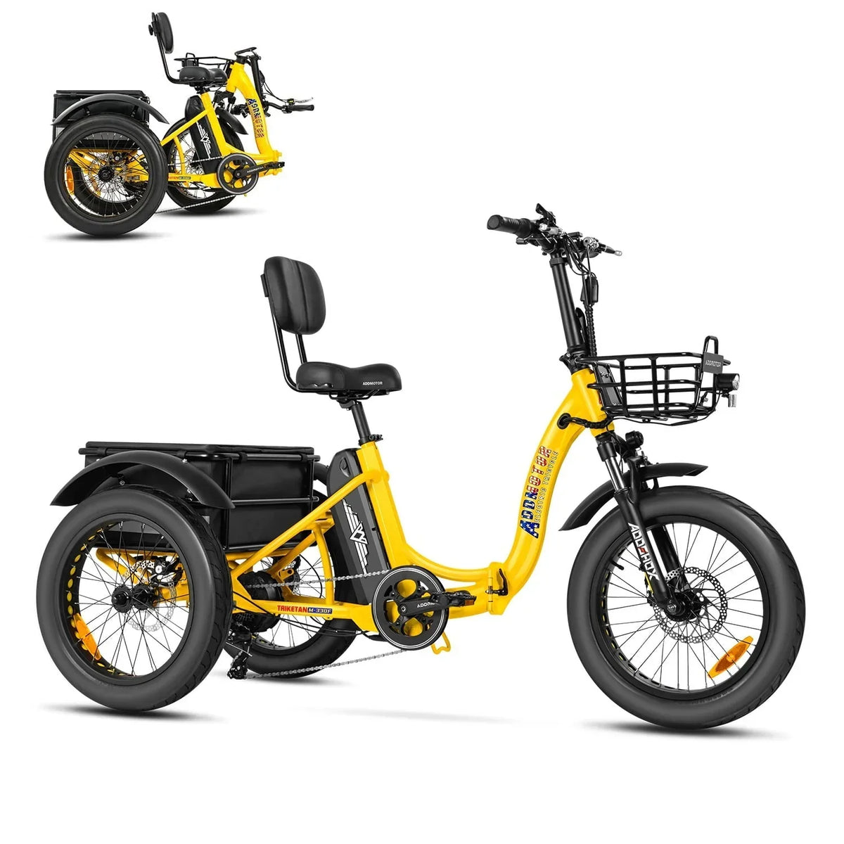 Nouveauté 2026 – Tricycle électrique Addmotor , 750 W, pliable, pour adultes, batterie amovible 48 V 20 Ah, pneus larges 20 pouces avec différentiel arrière, M-330F jaune