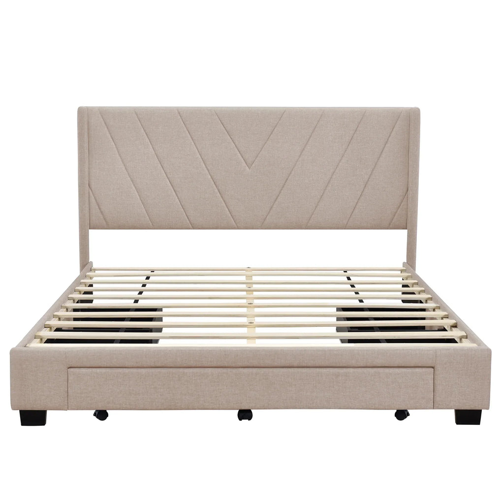Nouveauté 2026 – Cadre de lit Queen Sesslife avec rangement, nouveau lit plateforme rembourré en lin amélioré avec 3 tiroirs, lit de rangement Queen avec tête de lit et lattes en bois, aucun sommier requis, supporte 227 kg, beige