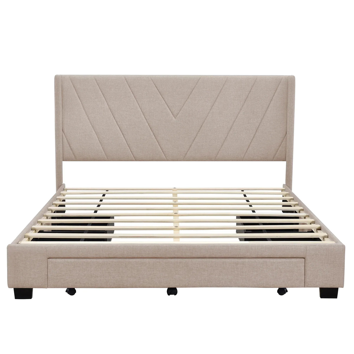 Nouveauté 2026 – Cadre de lit Queen Sesslife avec rangement, nouveau lit plateforme rembourré en lin amélioré avec 3 tiroirs, lit de rangement Queen avec tête de lit et lattes en bois, aucun sommier requis, supporte 227 kg, beige