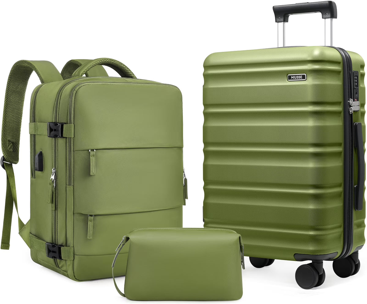 Nouveauté 2026 – Ensemble de bagages MIUSSE , 3 pièces : valise cabine 20 pouces à roulettes, coque rigide 100 % PC avec serrure TSA, conforme aux normes des compagnies aériennes, avec sac à dos de voyage pour hommes et femmes