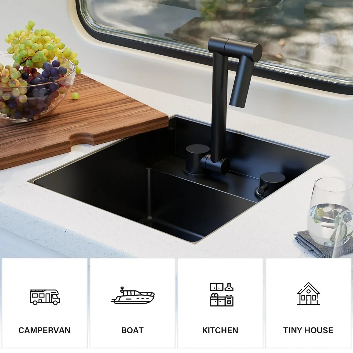 Nouveauté 2026 – Évier de cuisine pour VR TORVA , 33 x 38 x 18 cm, encastré sous plan, en acier inoxydable de calibre 16, à une cuve, avec robinet pliable et planche à découper, gris foncé