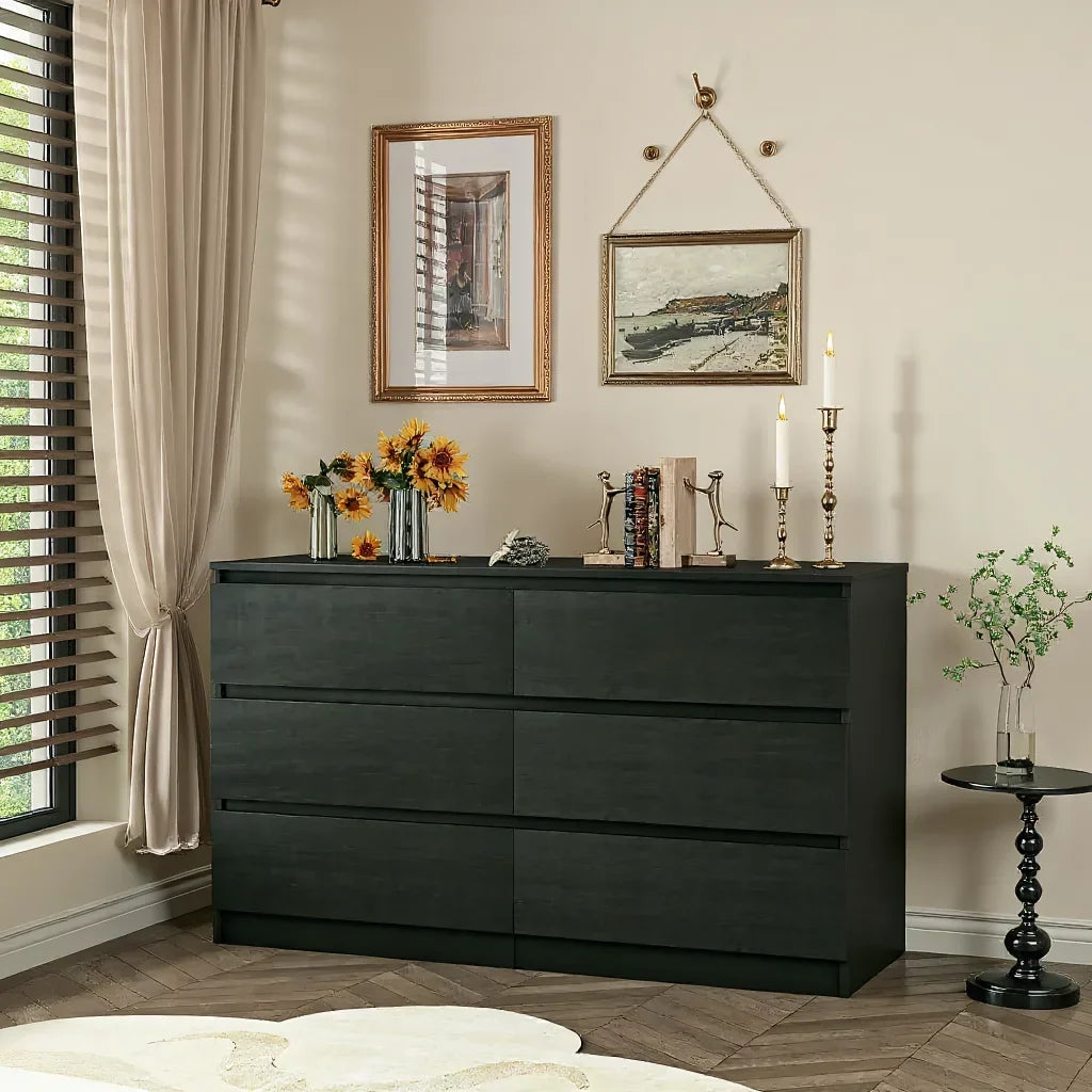 Nouveauté 2026 – Commode moderne Kadyn à 6 tiroirs, meuble en bois, commode pour chambre, meuble de rangement de cuisine avec tiroirs, commode (noire