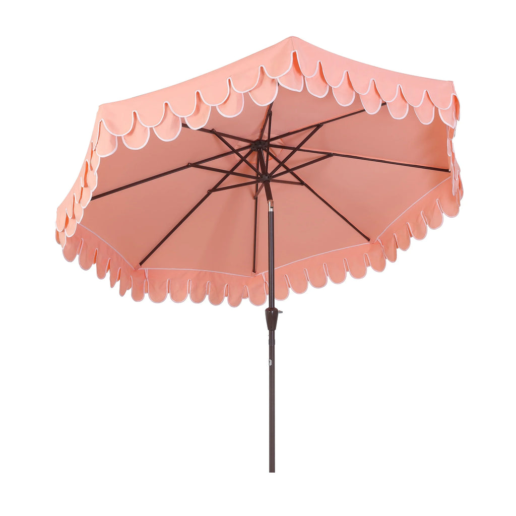 Nouveauté 2026 – Parasol de marché JONATHAN Y Tracy 2,74 m (9 pi), style classique milieu du siècle, franges festonnées, manivelle d'inclinaison automatique, aération et protection UV, rose corail/blanc, mât marron foncé