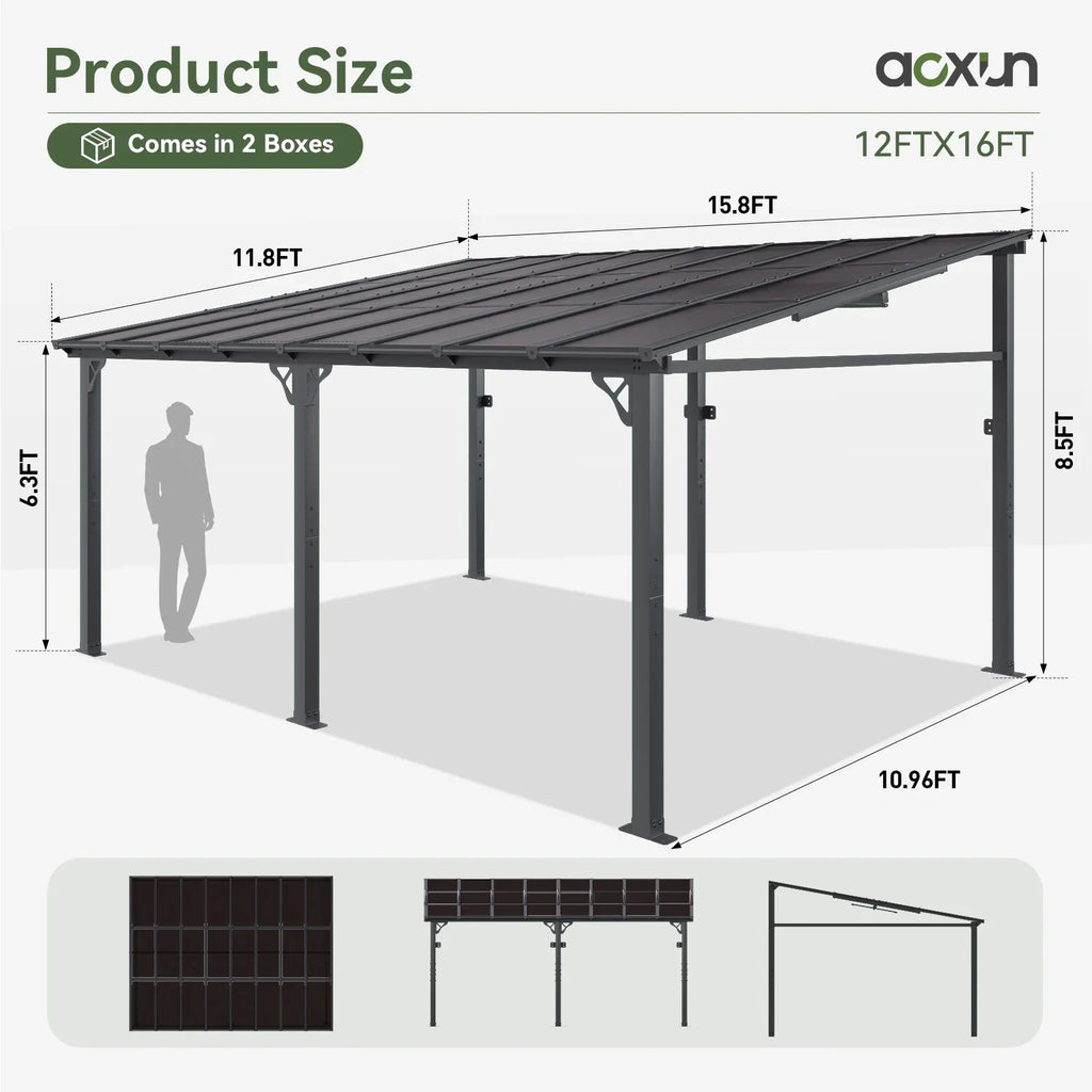 Nouveauté 2026 – Gazebo Aoxun de 2,4 m x 1,5 m pour patio, pergola avec toit incliné, grand auvent mural robuste pour barbecue, idéal pour jardin, terrasse ou patio