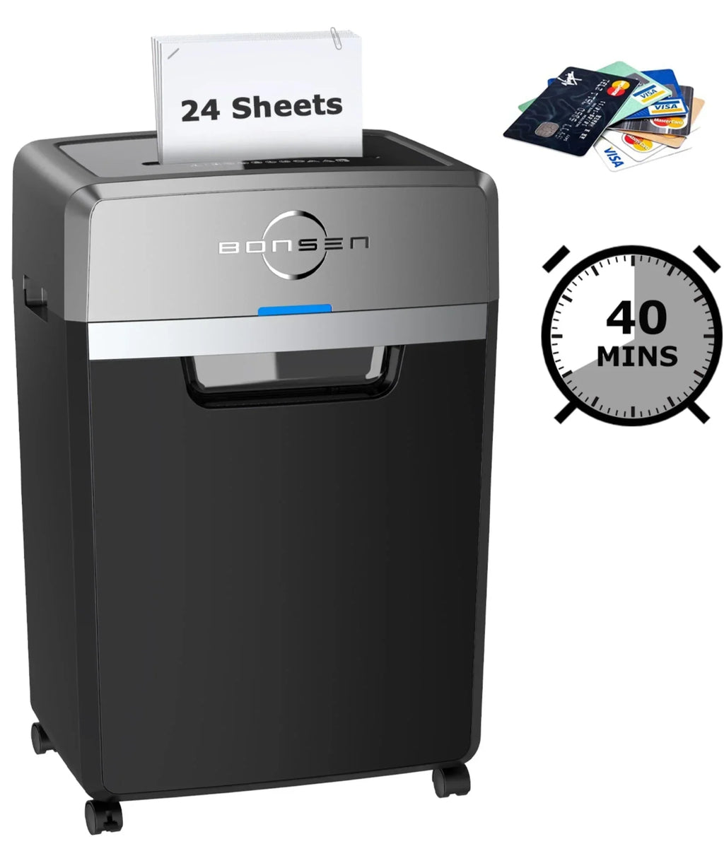 Nouveauté 2026 – Destructeur de documents Bonsen , coupe croisée, 24 feuilles, usage intensif, pour bureau | Destructeur commercial avec bac de 34 litres