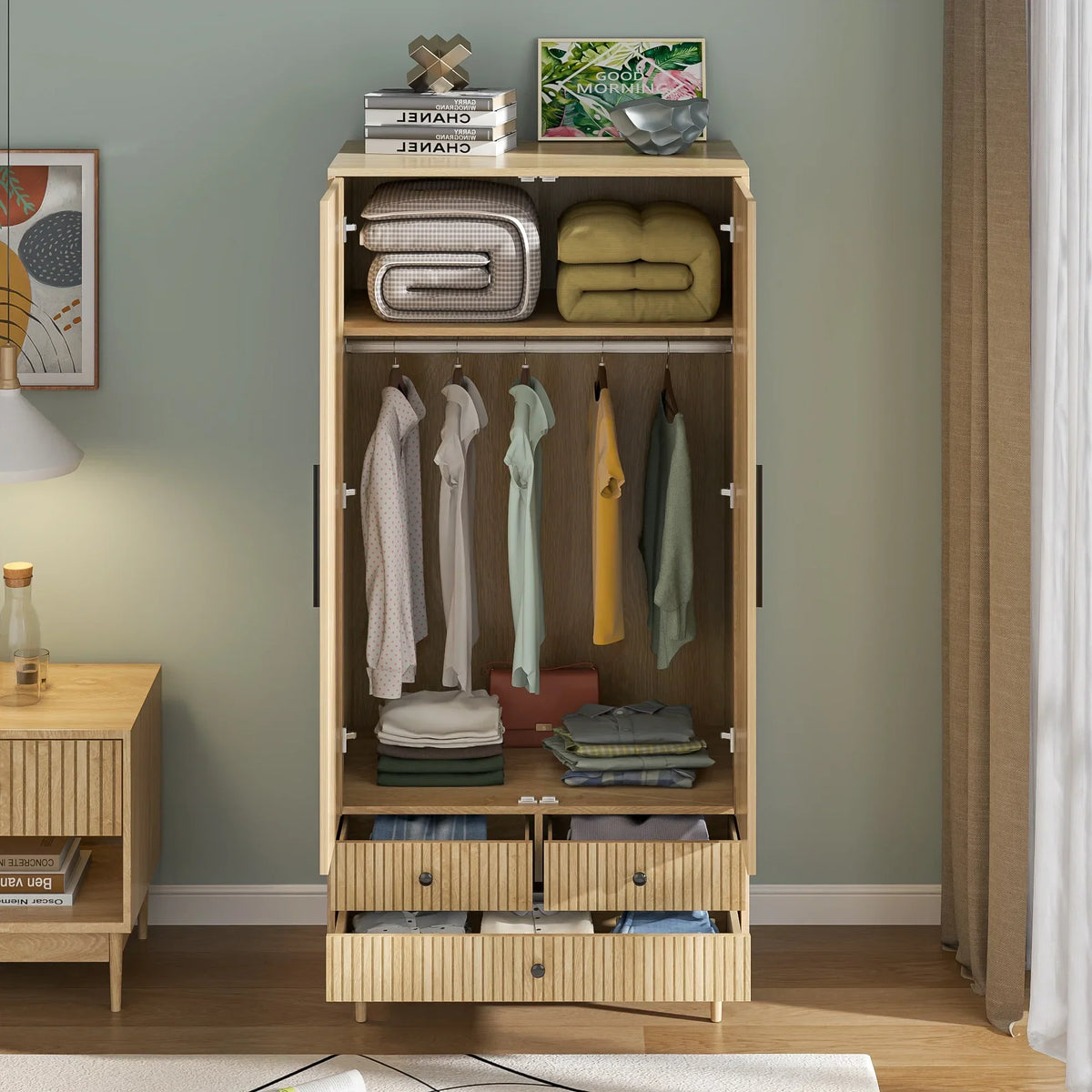 Nouveauté 2026 – Armoire-penderie Armoire à 2 portes, avec penderie et tiroirs, en bois blanc, idéale pour la chambre à coucher