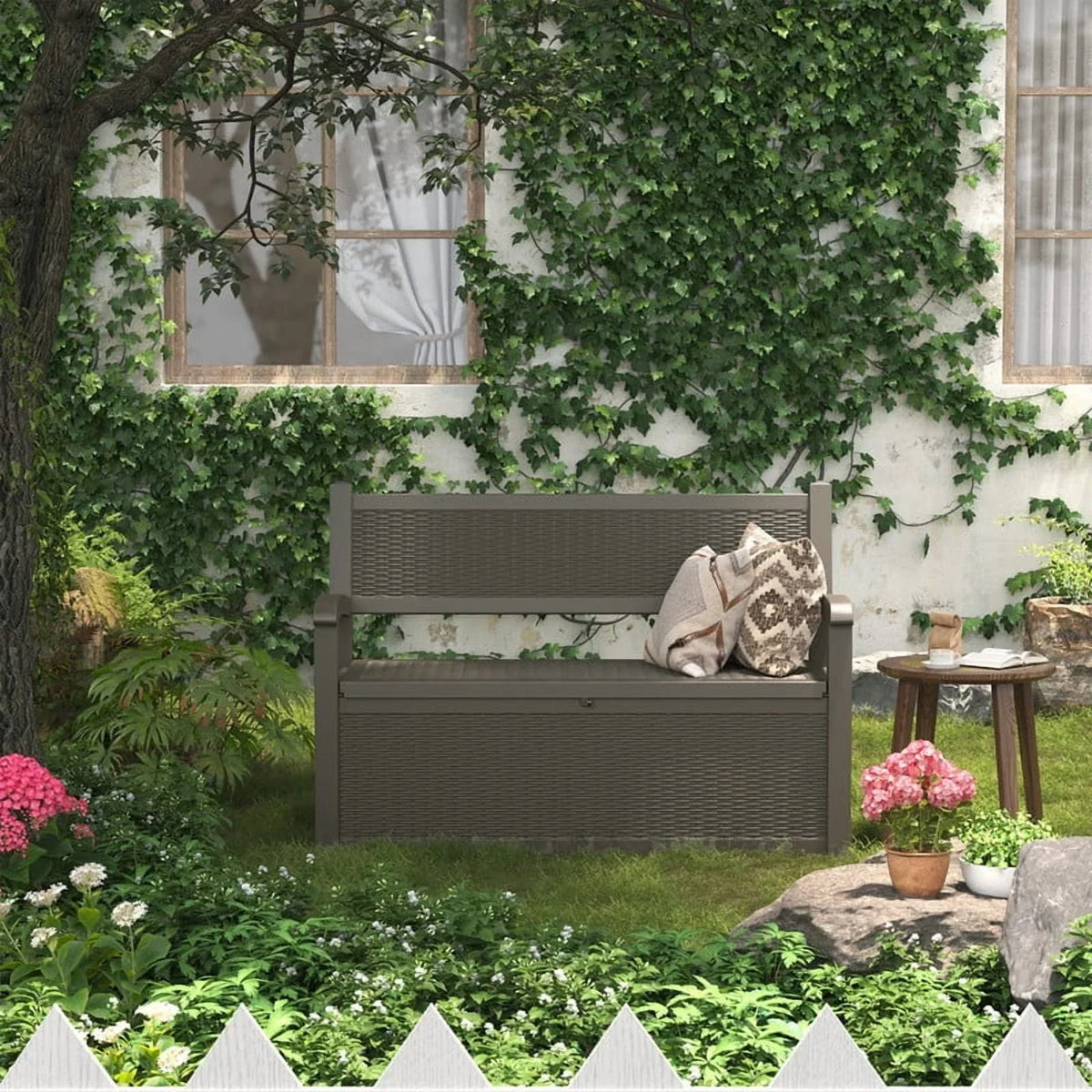 Nouveauté 2026 – Coffre de rangement Bifanuo de 70 gallons avec banc et accoudoirs, résistant à l'eau, idéal pour le mobilier de patio, les outils de jardin, le rangement de piscine et les coussins d'extérieur. Couleur : gris