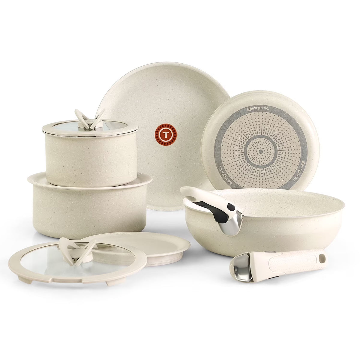 Nouveauté 2026 – Ensemble de 11 pièces antiadhésif T-fal Ingenio Essentials , poignée amovible, compatible four, gril et lave-vaisselle, idéal pour camping-car, couleur granit gris