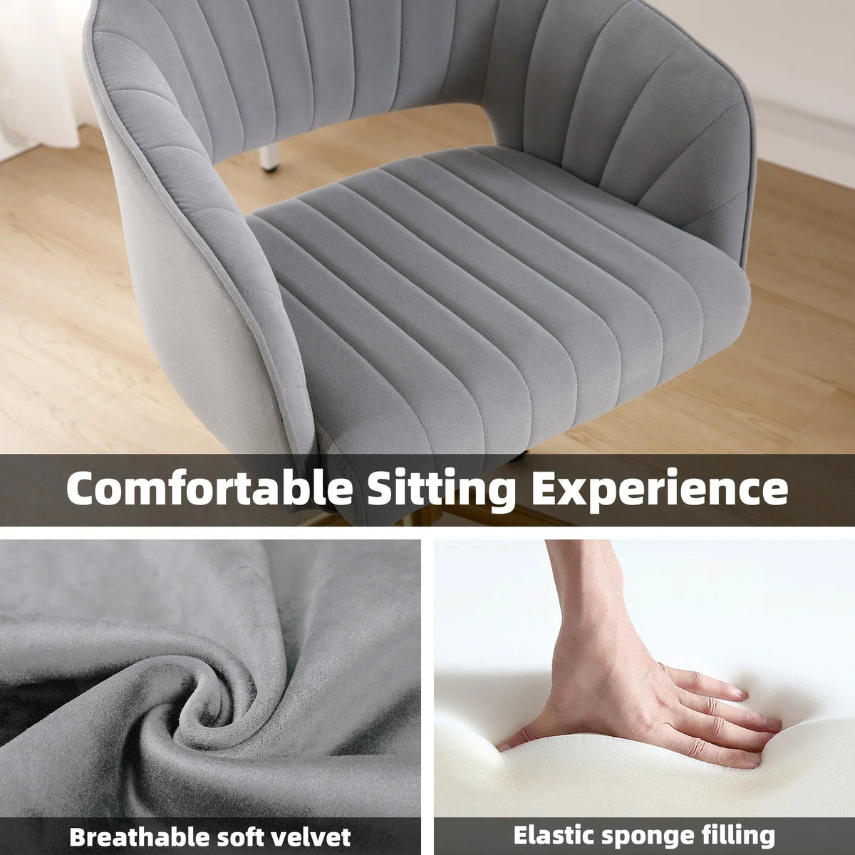 Nouveauté 2026 – Chaise de bureau Westice , chaise de travail en velours, chaise pivotante réglable en hauteur avec base dorée, idéale pour coiffeuse, bureau, salon ou salle informatique, beige